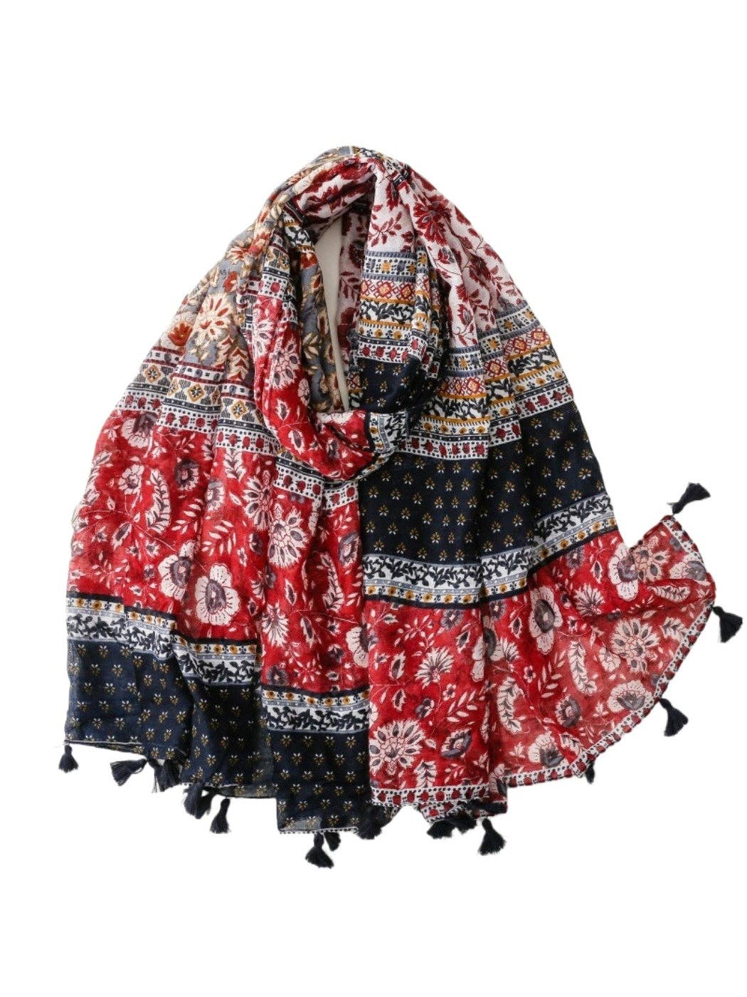 Red Scarvii - Bohemian Floral Geometric Tassel Scarf for wholesale on Faire1