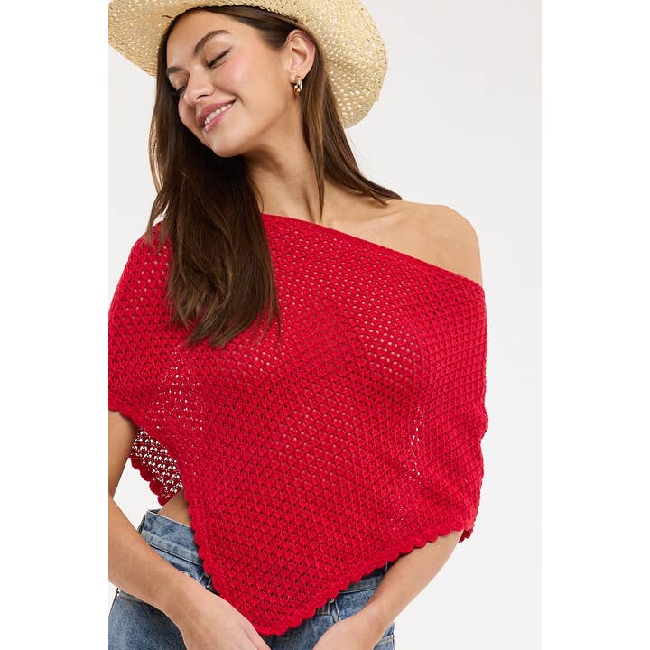 NET KNIT SOLID COLOR ONE SHOULDER CROCHET PONCHO for wholesale by Sky to Moon