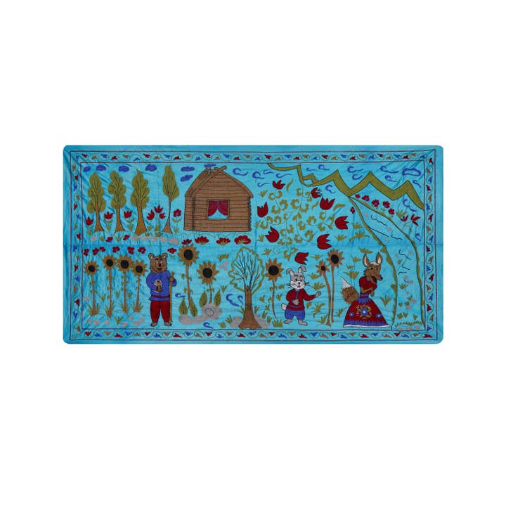 Colgante de Pared Suzani Uzbeko Azul – Escena de Animales Folclóricos Bordada para venta al por mayor de Vintage Pillows Store