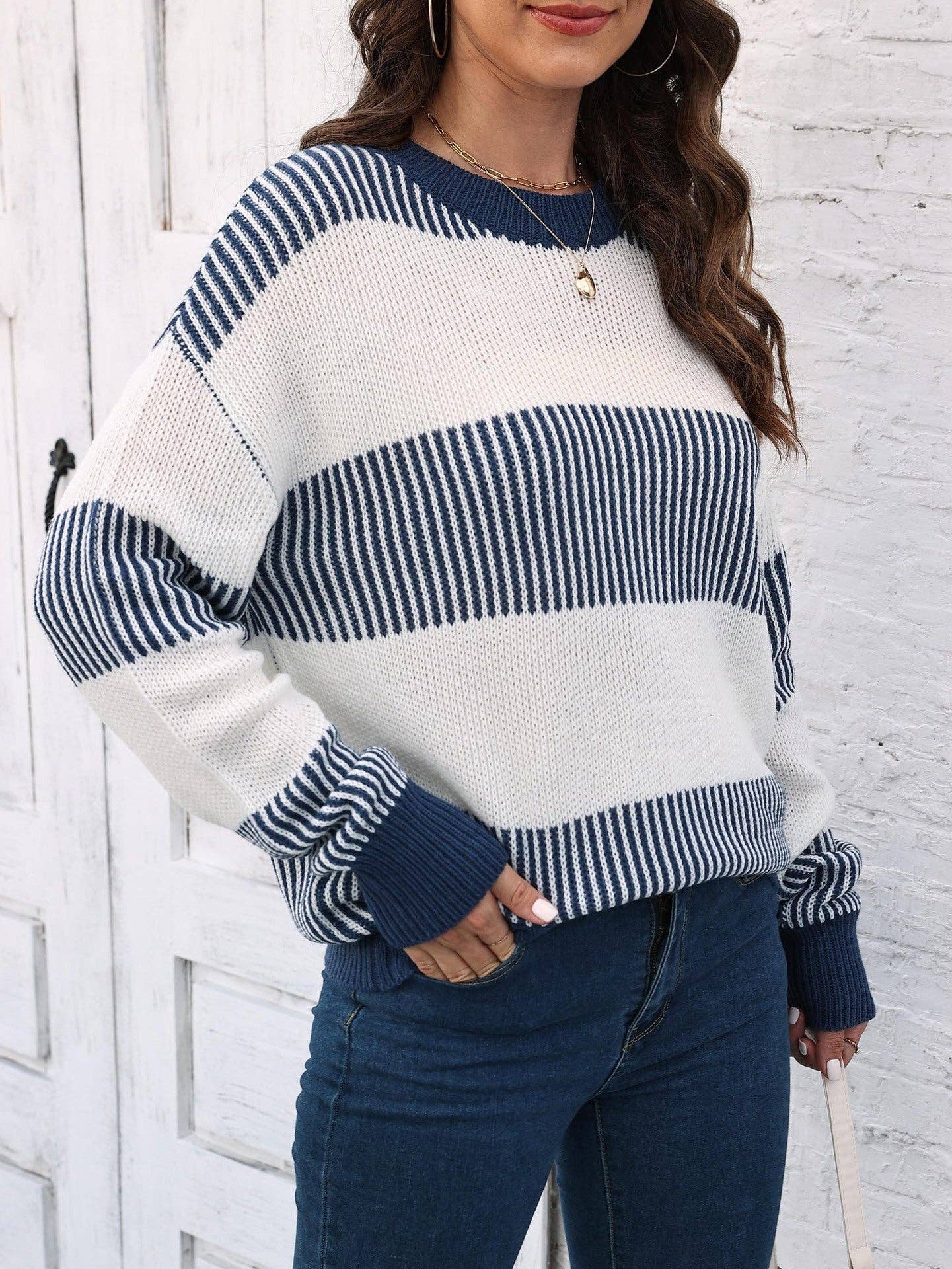Suhkasana - Wholesale Knit Sweater - Women's - Plus Size Colorblock Striped Sweater | Cozy Fall/Winter Knit1