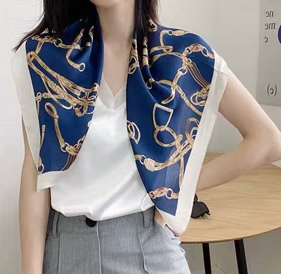 COSMOS - Wholesale Head Scarf - Women's - 70x70 Square Scarf Silk Effect Golden Chains Elegant2