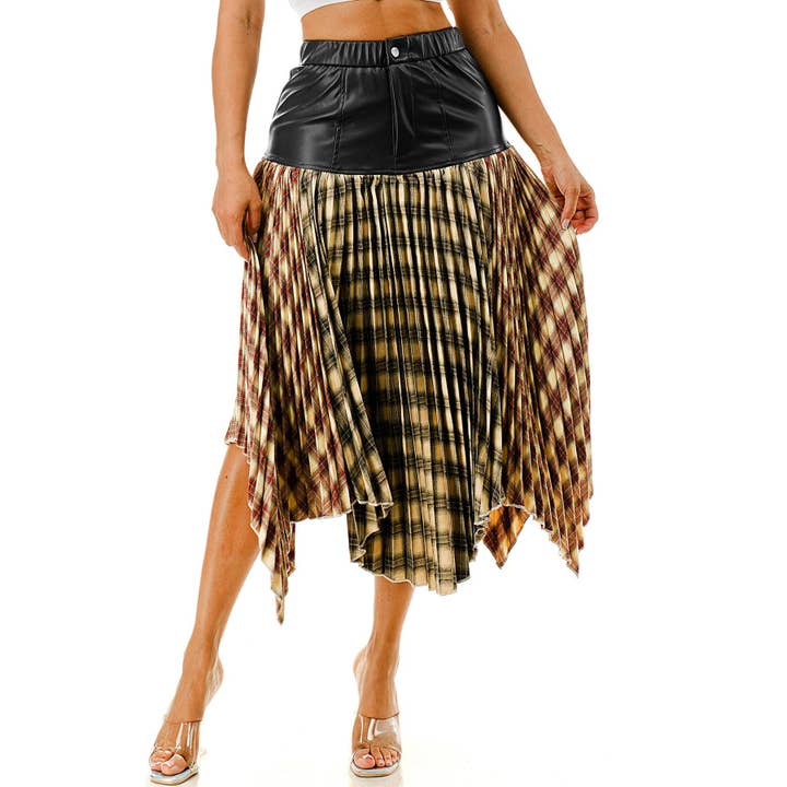 Saia Midi Plissada com Xadrez em Pele Sintética Tamanho Grande por atacado de DORCAS