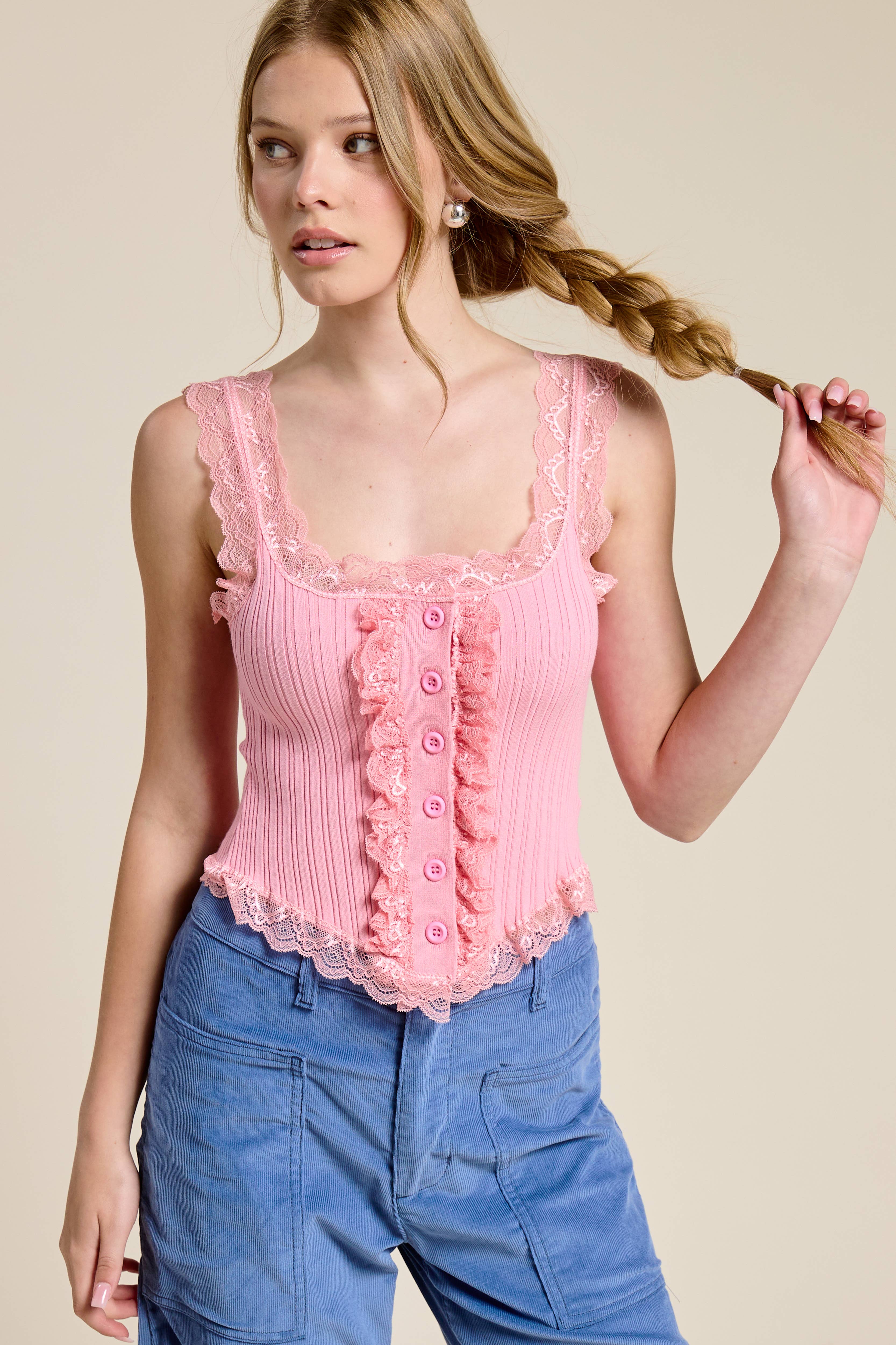 Mimosa - Wholesale Tank Top - Women's - Scalloped Lace Trim Corset-Bodice Knit Tank Top6