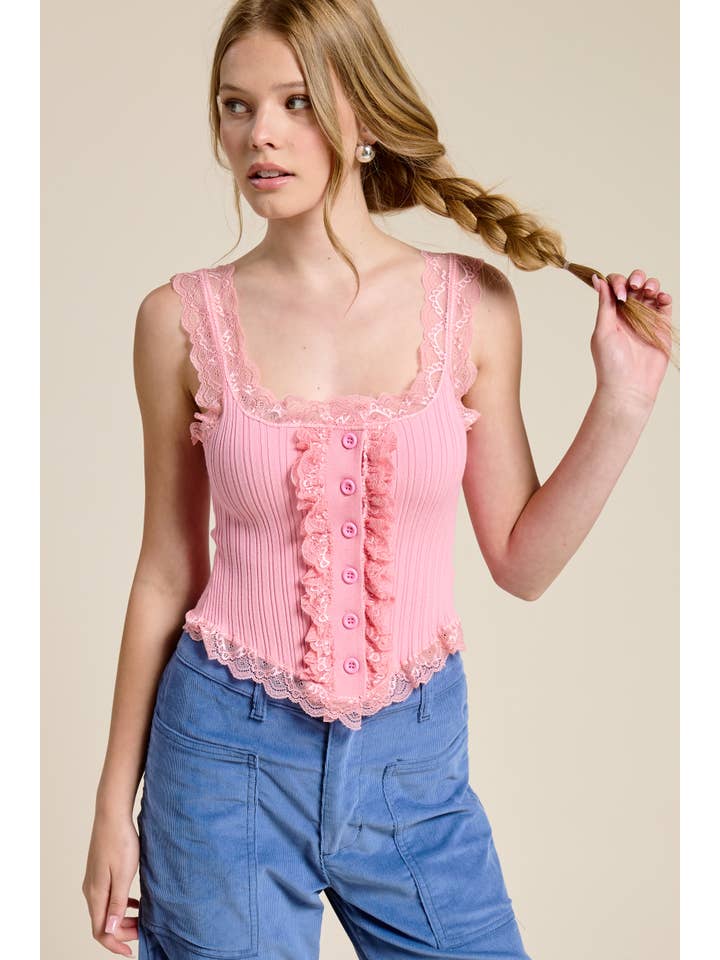 Mimosa - Wholesale Tank Top - Women's - Scalloped Lace Trim Corset-Bodice Knit Tank Top6
