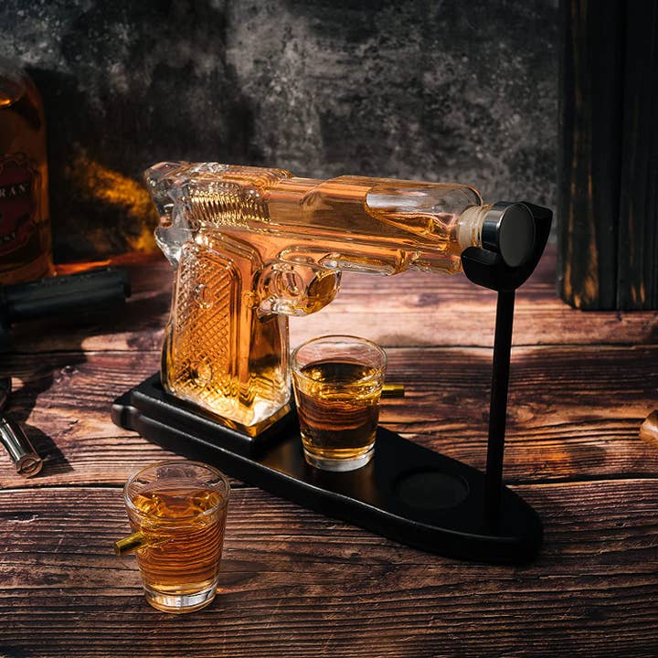 The Wine Savant / Khen Glassware – wholesale Decanter – Pistol Gun Decanter Set + 2 Bullet shot Glasses & Wood Stand