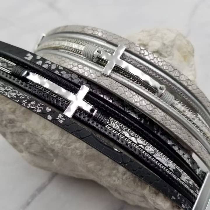 The Pretty Jewellery - Wholesale Bangle Bracelet - Cross Layered Leather Magnetic Bracelet