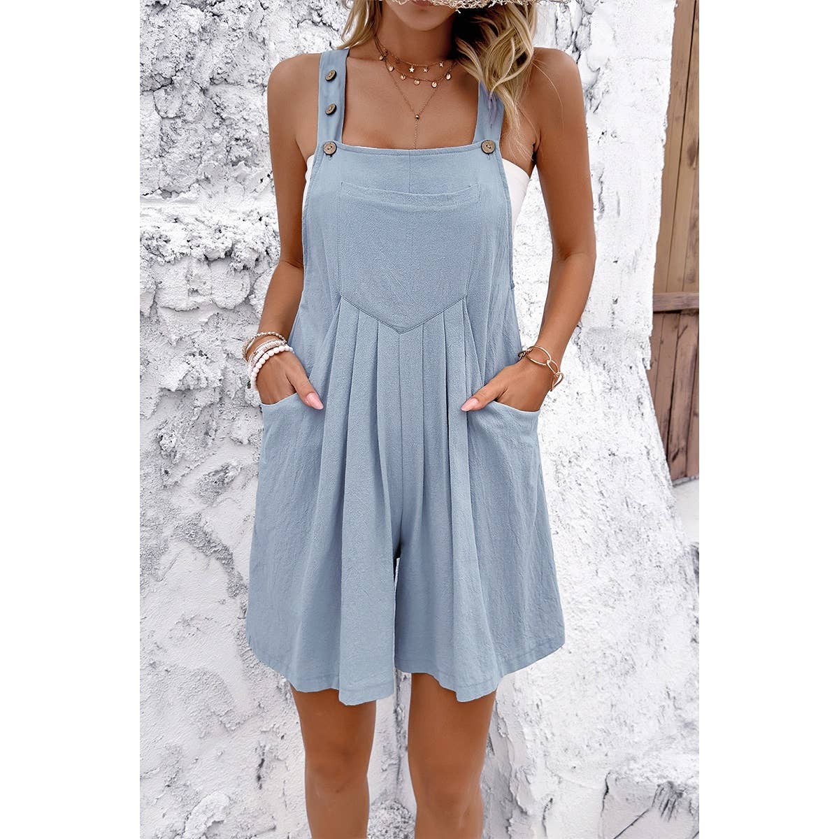 Supreme Fashion - Wholesale Romper - Women's - Square Neck Pockets Button Tirm Ruched Romper5