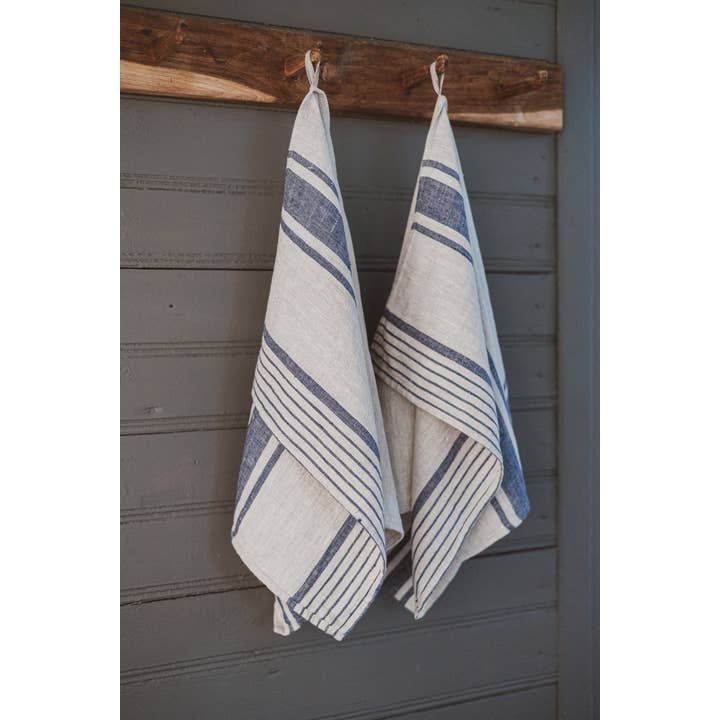 Natural Dark Blue Stripes French style Linen Kitchen Towels for wholesale on Faire1
