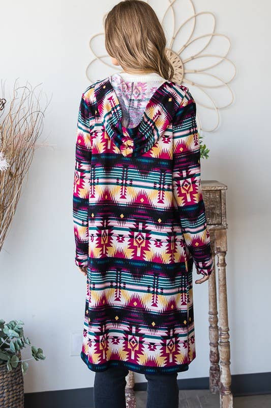 EJ6708-10 HOOD MULTI COLOR AZTEC SHACKET WITH POCKET for wholesale on Faire8