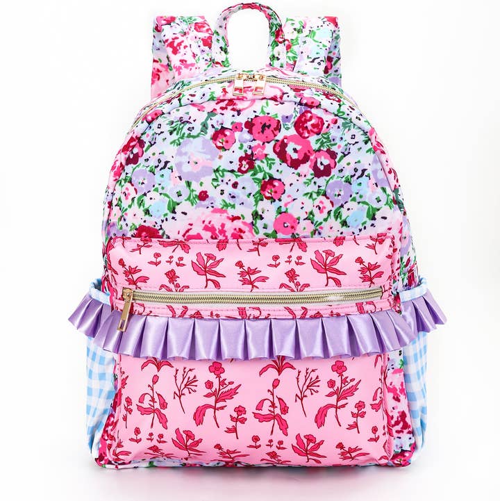 sassy kids palace – Mochila - Crianças por atacado – Mochila rosa com flores de lavanda e babados para meninas