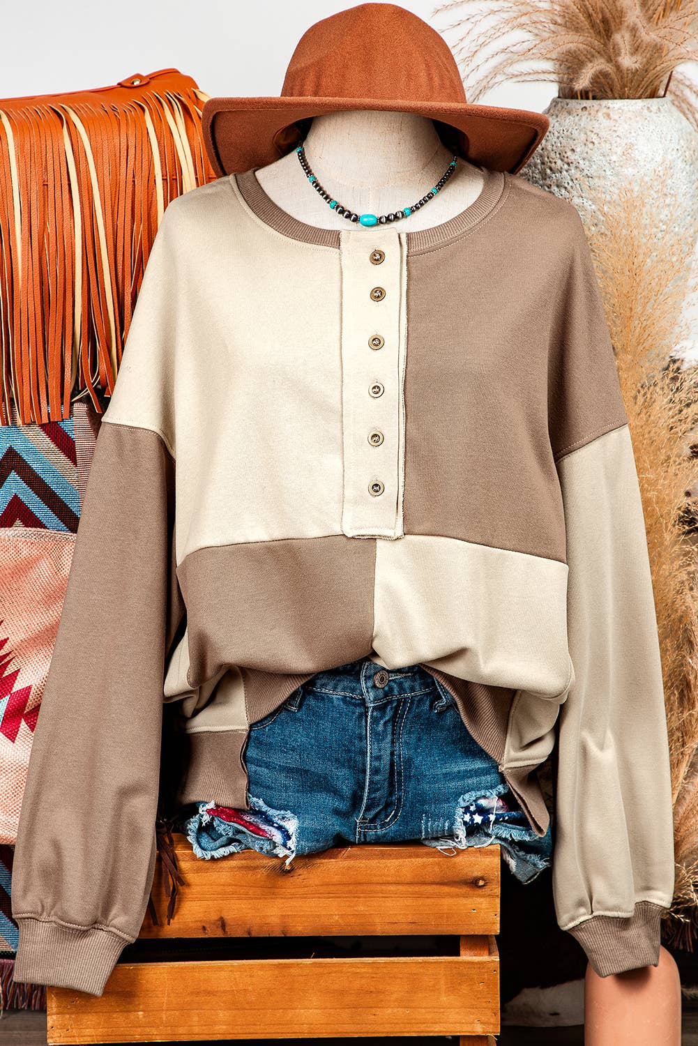 fashionworks - Vente Sweat-shirt – femme - Sweat-shirt oversize haut et bas Henley Colorblock de Fashion-W5