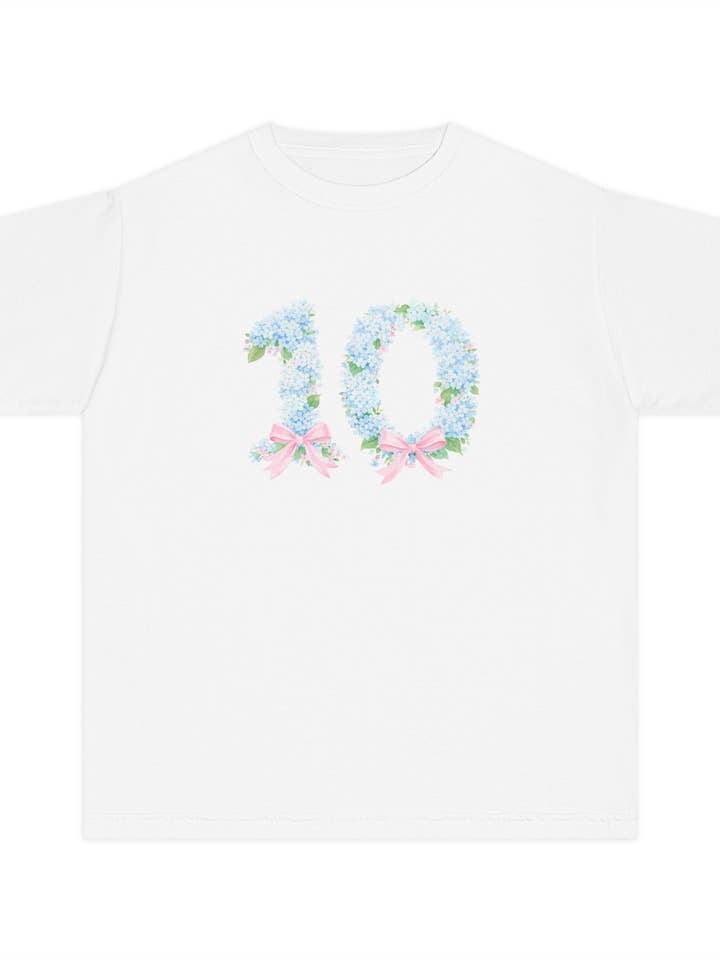 10 Floral Birthday Youth Tee — Pink Ribbon Number 10 Shirt for Kids for wholesale by Pearly Peach