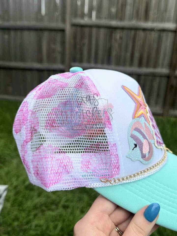 Pink Shell Mesh Trucker Hat for wholesale by Texas Transfers