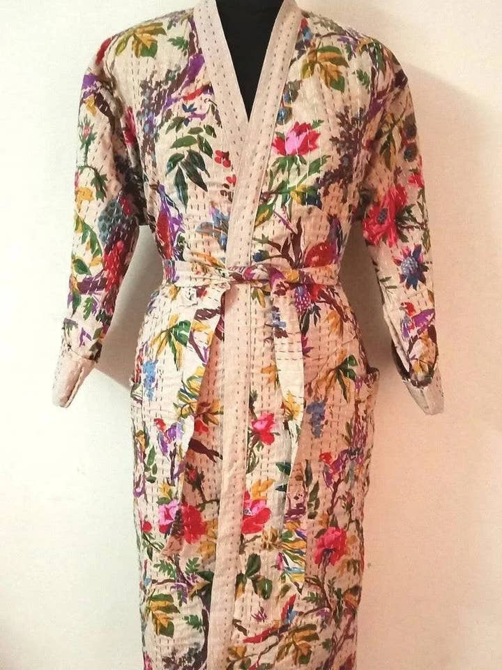 GYPSY STUDIO - Wholesale Robe – Women's - Bird Print Kimono Kantha Jacket Handmade Kantha Yukata Dress
