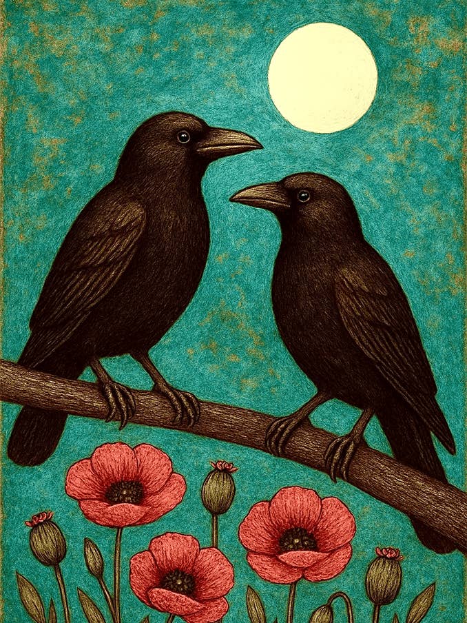 Wenskaart, Zwarte kraaien onder volle maan voor wholesale door Thistle and Tale Press