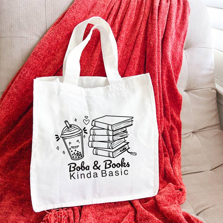 Boba Tea and Books Kinda Basic Canvas Tote Bag for readers for wholesale by Simply Evelyn Co