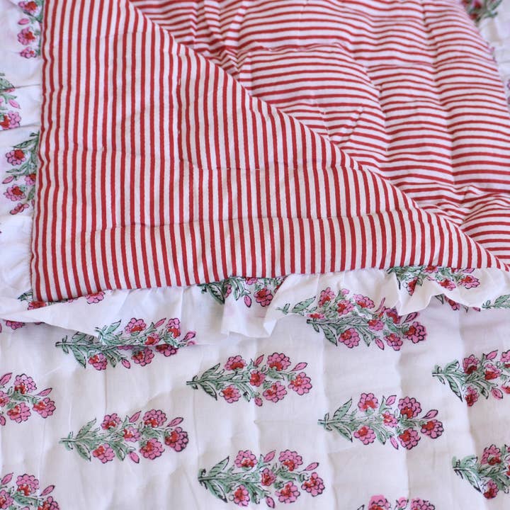 House of Alaan - Wholesale Throw Blanket - Cherry Stripe Ruffle Throw – Block Printed, Reversible Muslin