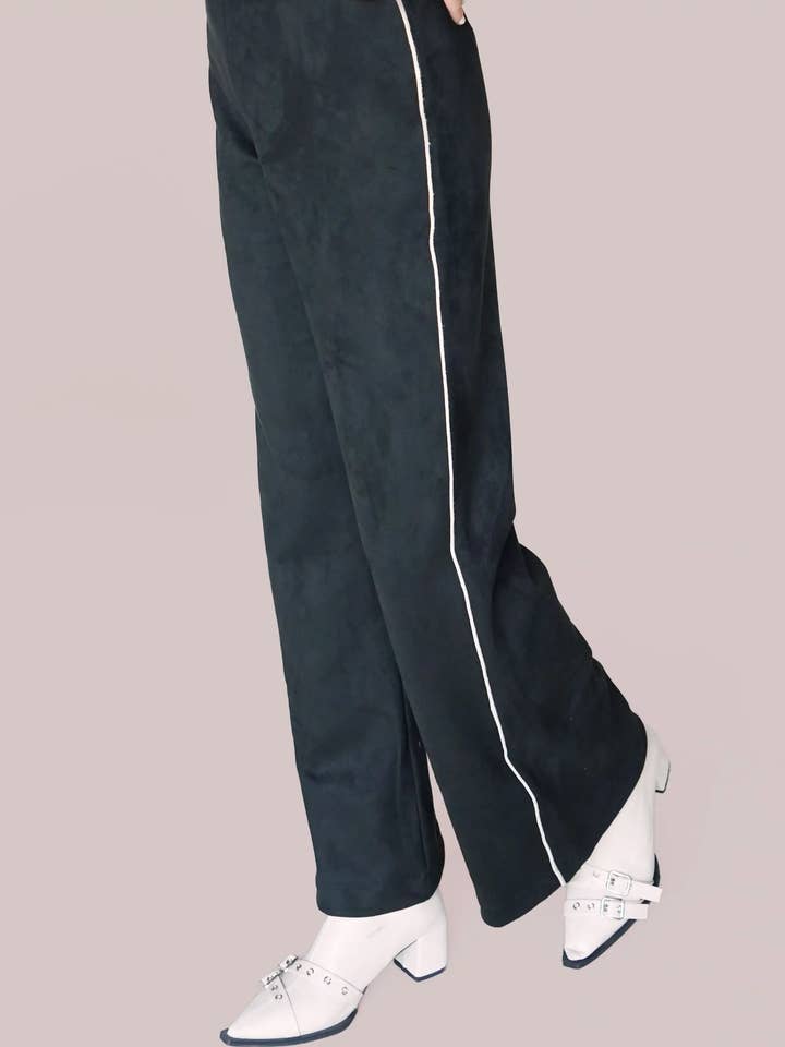 Black Vegan Suede High Waist Loose Straight Fit Pants for wholesale by Lacerf