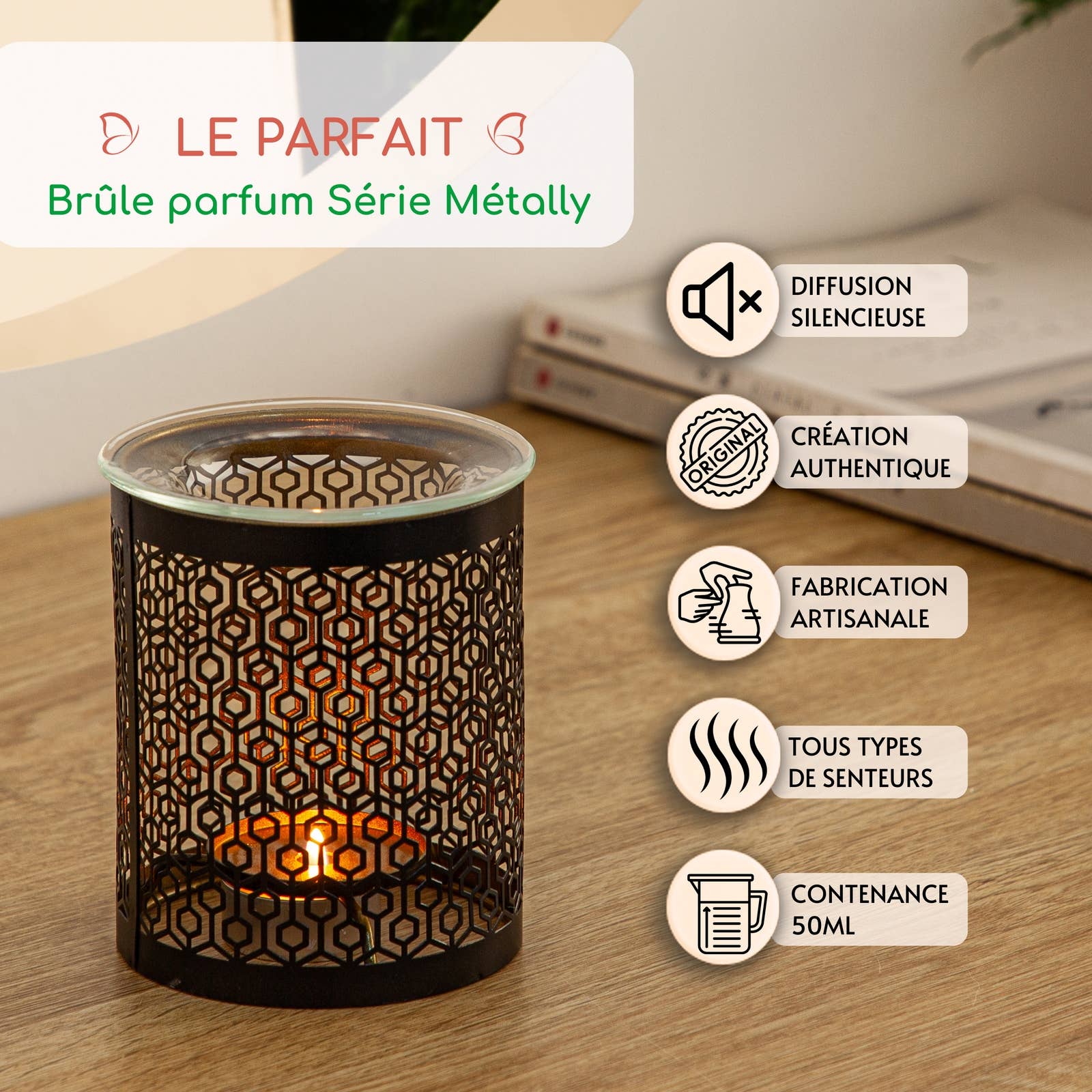 Zen'Arôme - Wholesale Oil Warmer - Metal Cutwork Incense Burner with Glass Dish Le Parfait1