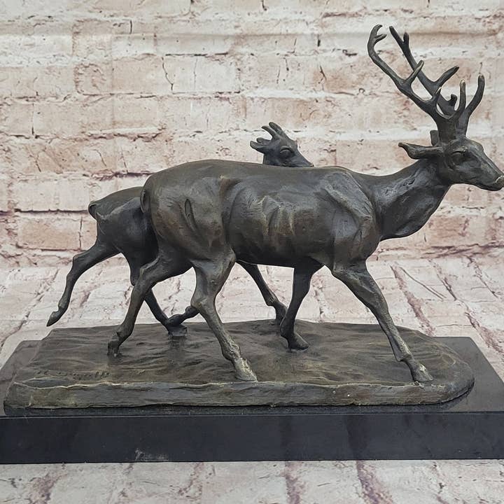 Bronzhaus - Wholesale Sculpture - Deer Buck Elk and Doe Fawn Caribou Reindeer Bronze Statue Sculpture Marble Base 11" x 13"4