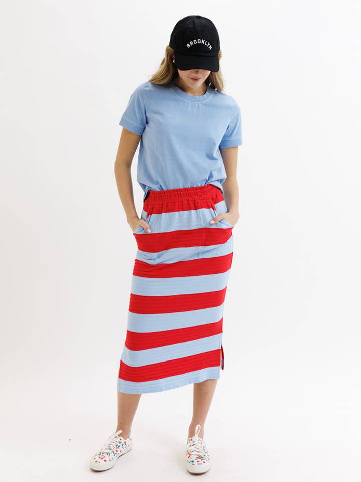 Du Jour Red & Blue Striped Knit Skirt for wholesale by Downeast