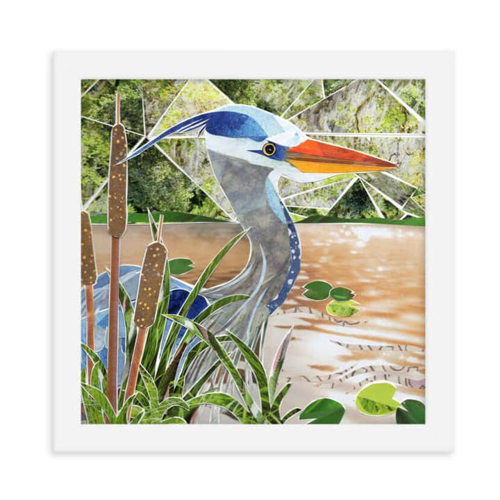 Impression d'art en collage encadré Héron bleu pour la vente par more the merrlier