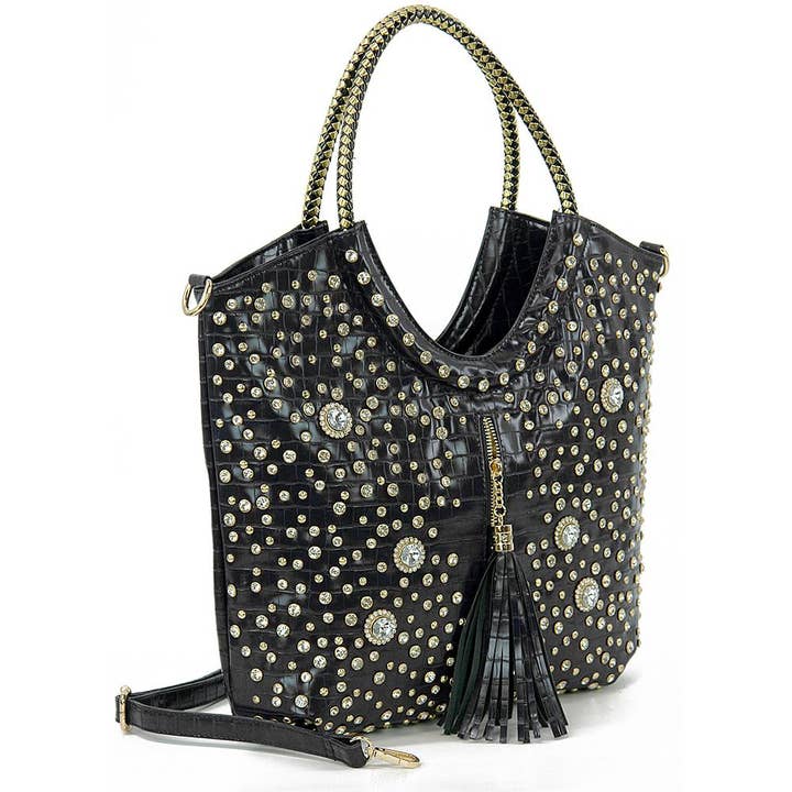 Handbag Express - Wholesale Tote Bag - Women's - Tall Embossed Tasseled Bling Tote