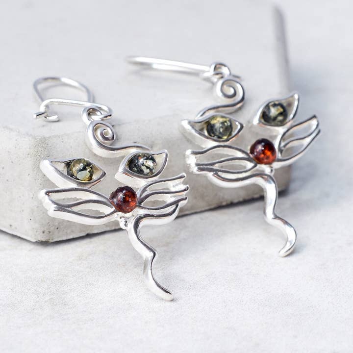 Baltic Amber Cat Earrings Silver Cat Earrings Amber Kittens for wholesale by Marcin Waryszak