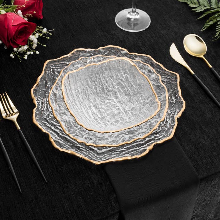 Set of 12 Crushed Glass Dinner Set with Gold Rim for wholesale by CLASSIC TOUCH DECOR INC.