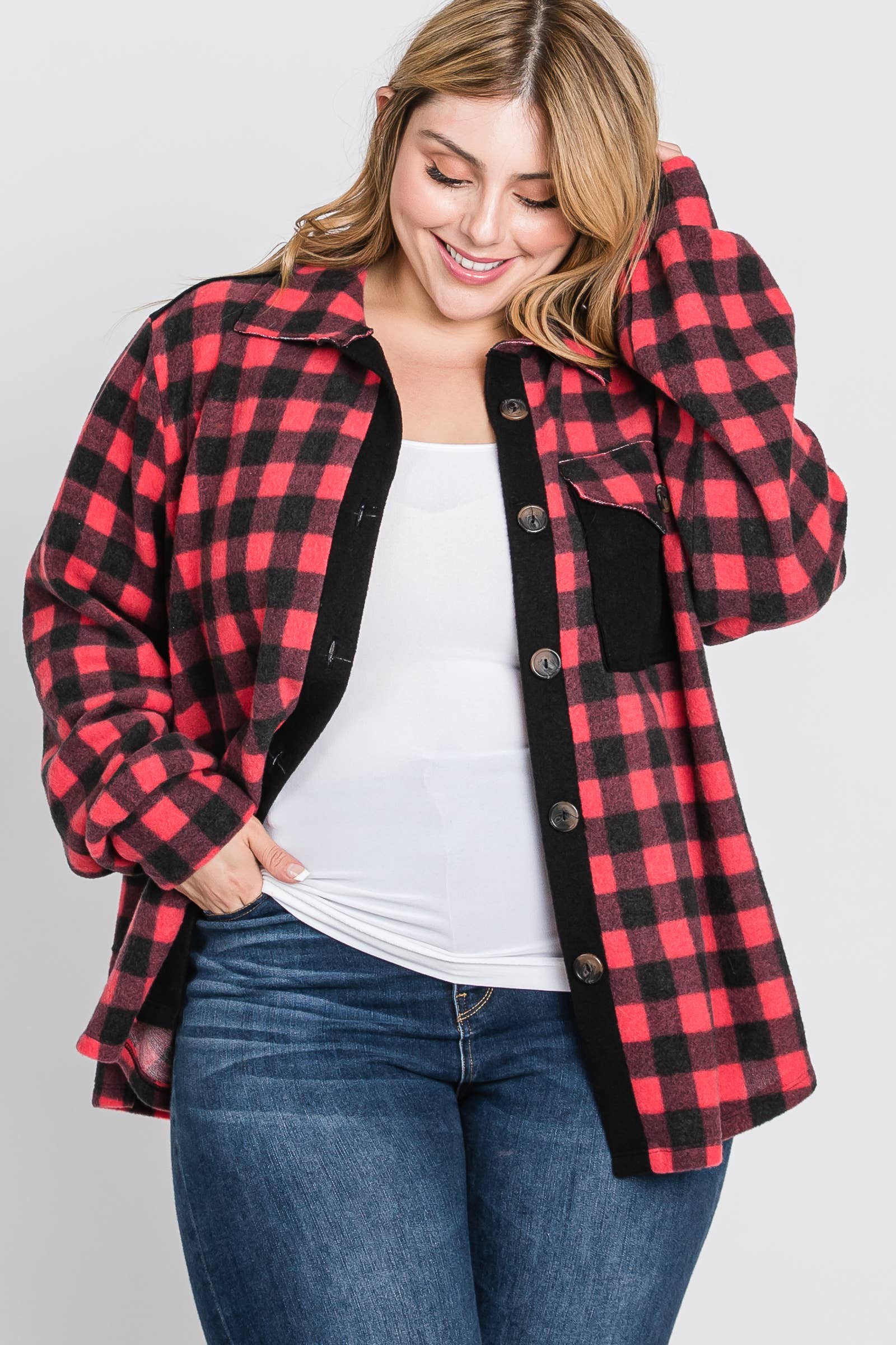 Red Plus Plaid brushed knit shirt jacket-PLT4604B for wholesale on Faire3