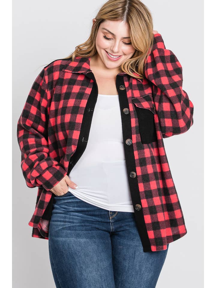 Red Plus Plaid brushed knit shirt jacket-PLT4604B for wholesale on Faire3