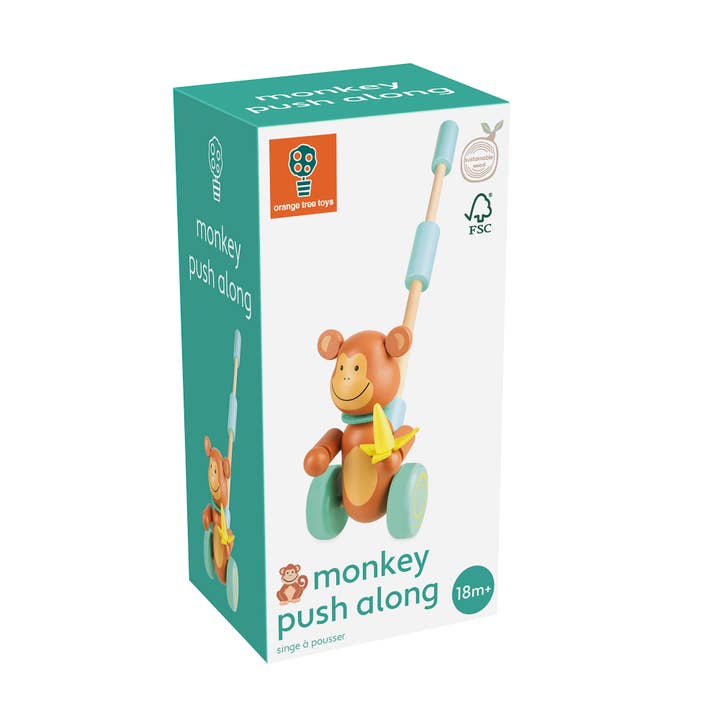 New Monkey Boxed Wooden Push Along for wholesale by Orange Tree Toys