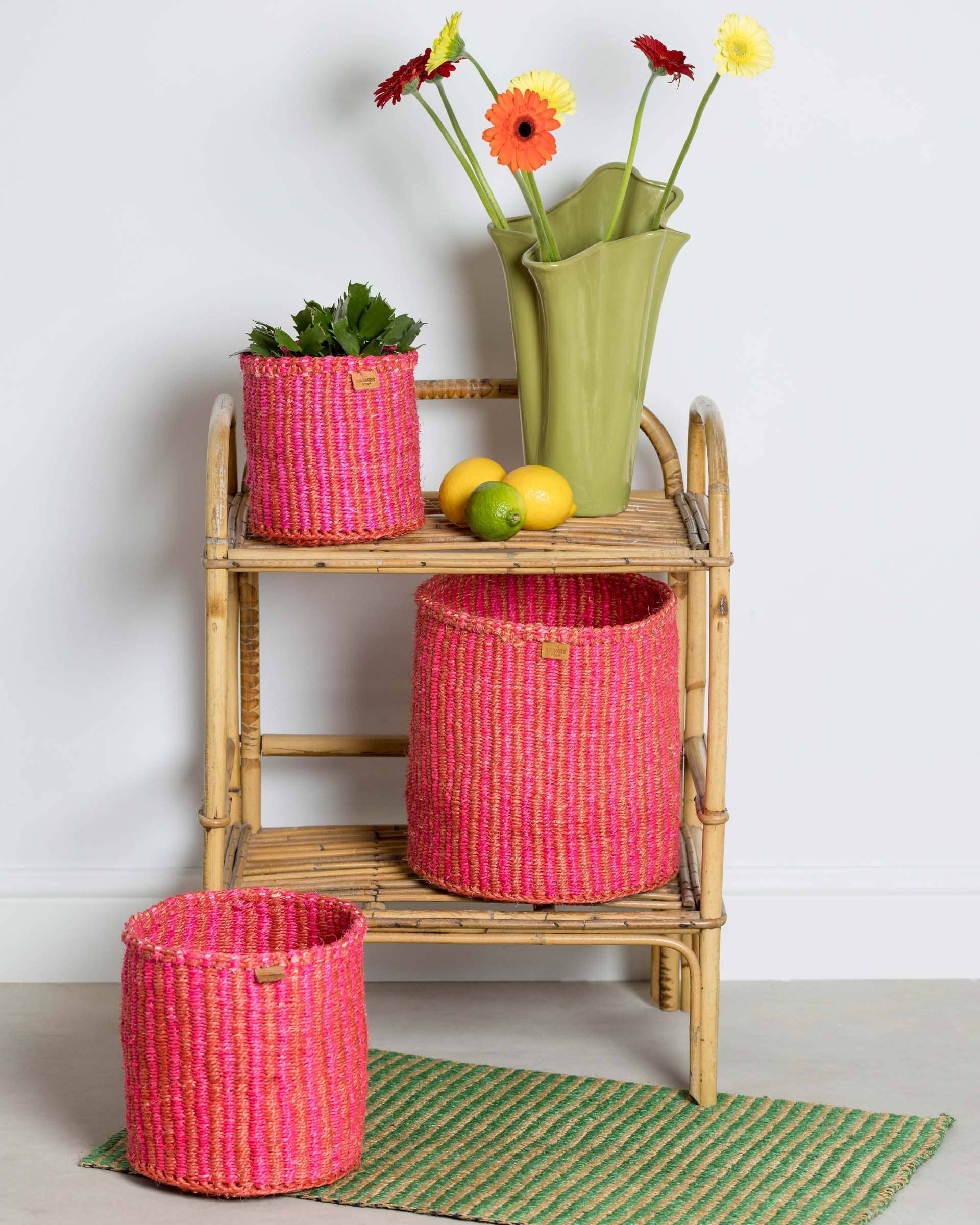 KIWANDA: Red & Pink Pinstripe Woven Summer Storage Basket | Colourful Planter | Toy Basket | Desk Tidy for wholesale on Faire6