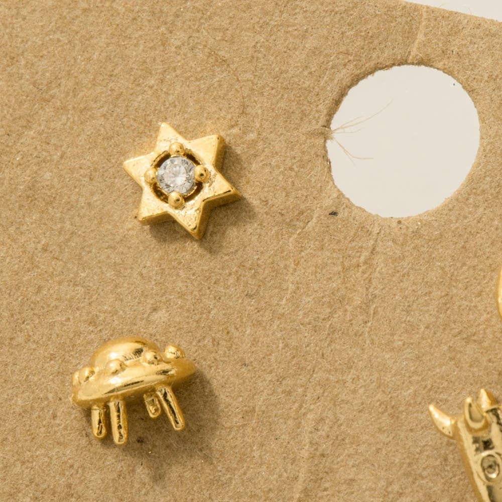 Fame Accessories - Wholesale Stud/Post Earrings - Gold Dipped Space Themed Stud Earrings Set2
