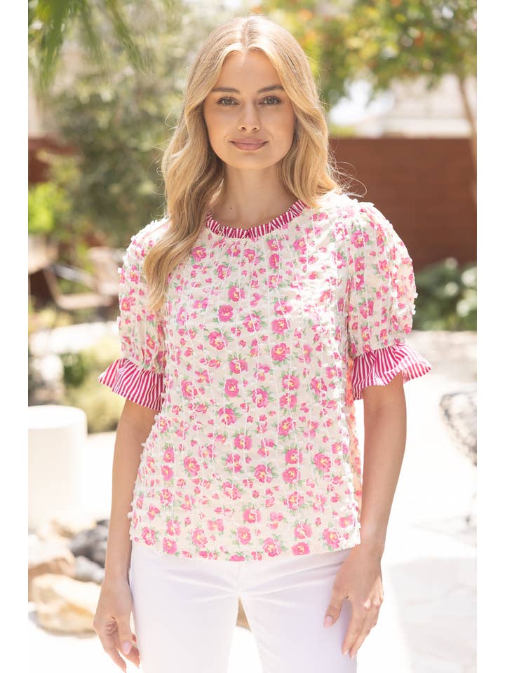 Pink 35747 Mixed Print with Vertical Lace Detail Top for wholesale on Faire
