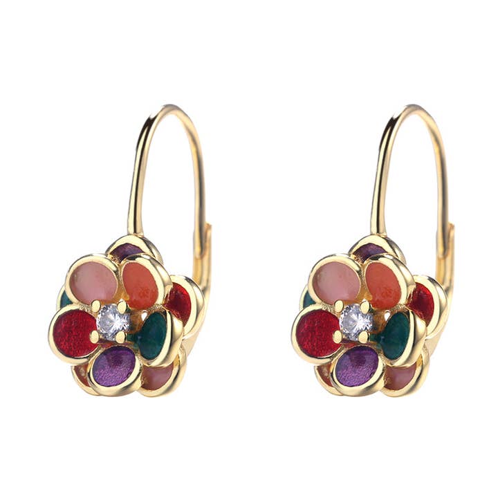 Amy and Annette 14K Gold and Floral Leverback Earrings with crystals from Swarovski for wholesale by Amy and Annette