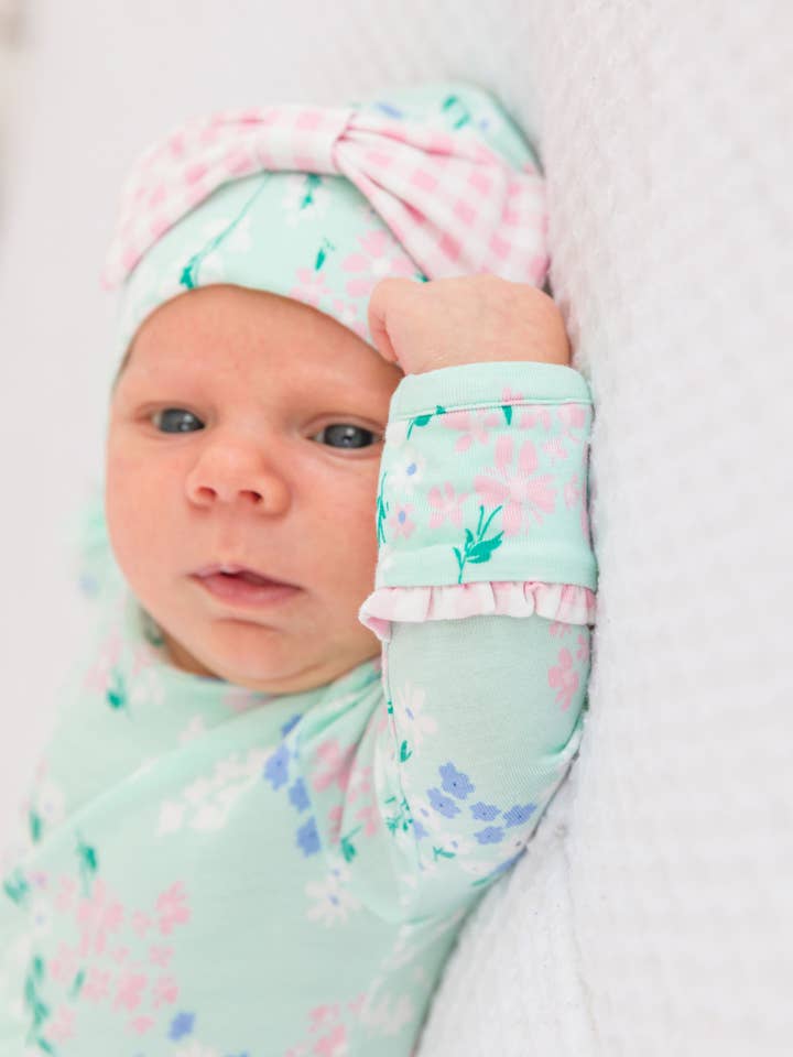 Green SoftSnooze™ Baby Girls Bamboo Viscose Mint Meadow Ruffle Knotted Sleep Gown & Bow Hat Set
for wholesale on Faire5