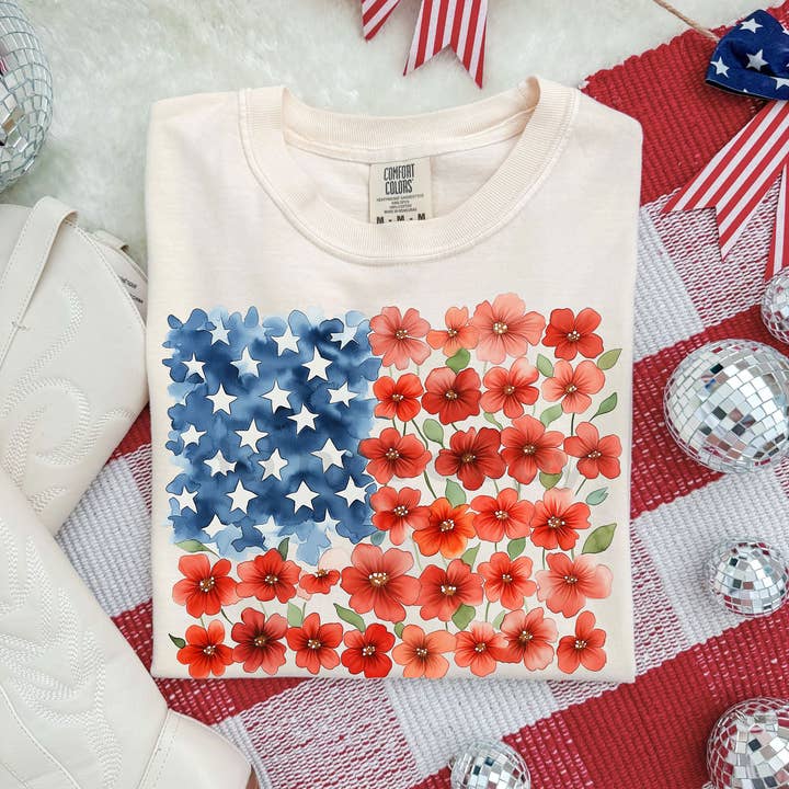 Floral Watercolor American Flag Tee for wholesale by Trendy Tee Co.