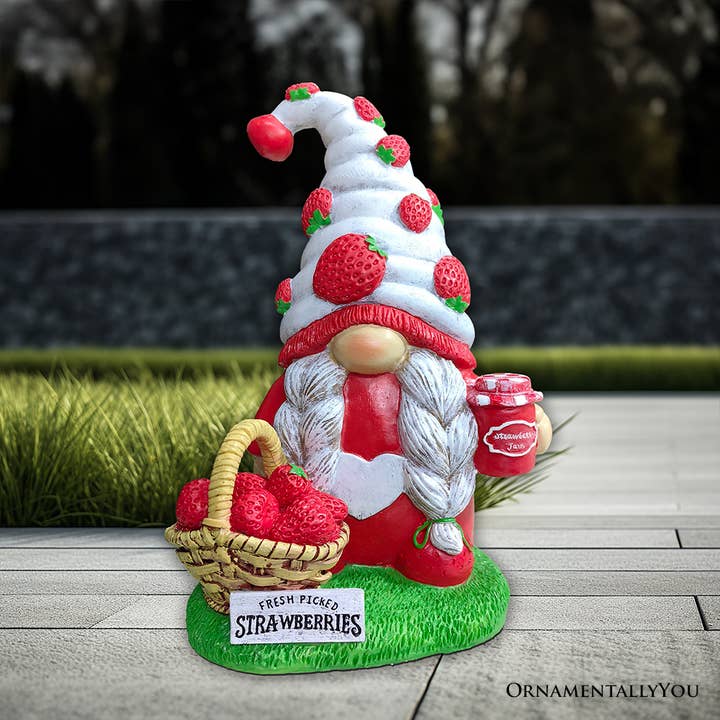 Charming Homestead Strawberry Gnome Garden Statue for wholesale by OrnamentallyYou