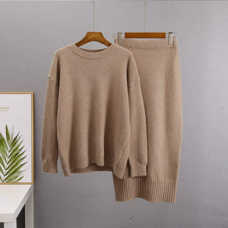 Rosa Clothing - Wholesale Top & Skirt Set - Women's - Cozy Cardigan/R-Neck Sweater High-Waisted Skirt Knit Set5