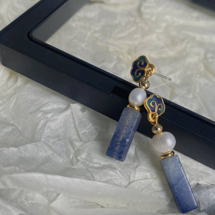 Otterware - Wholesale Dangle Earrings - Handmade Cloisonné Enamel Earrings: Pearl & Jasper, S9255