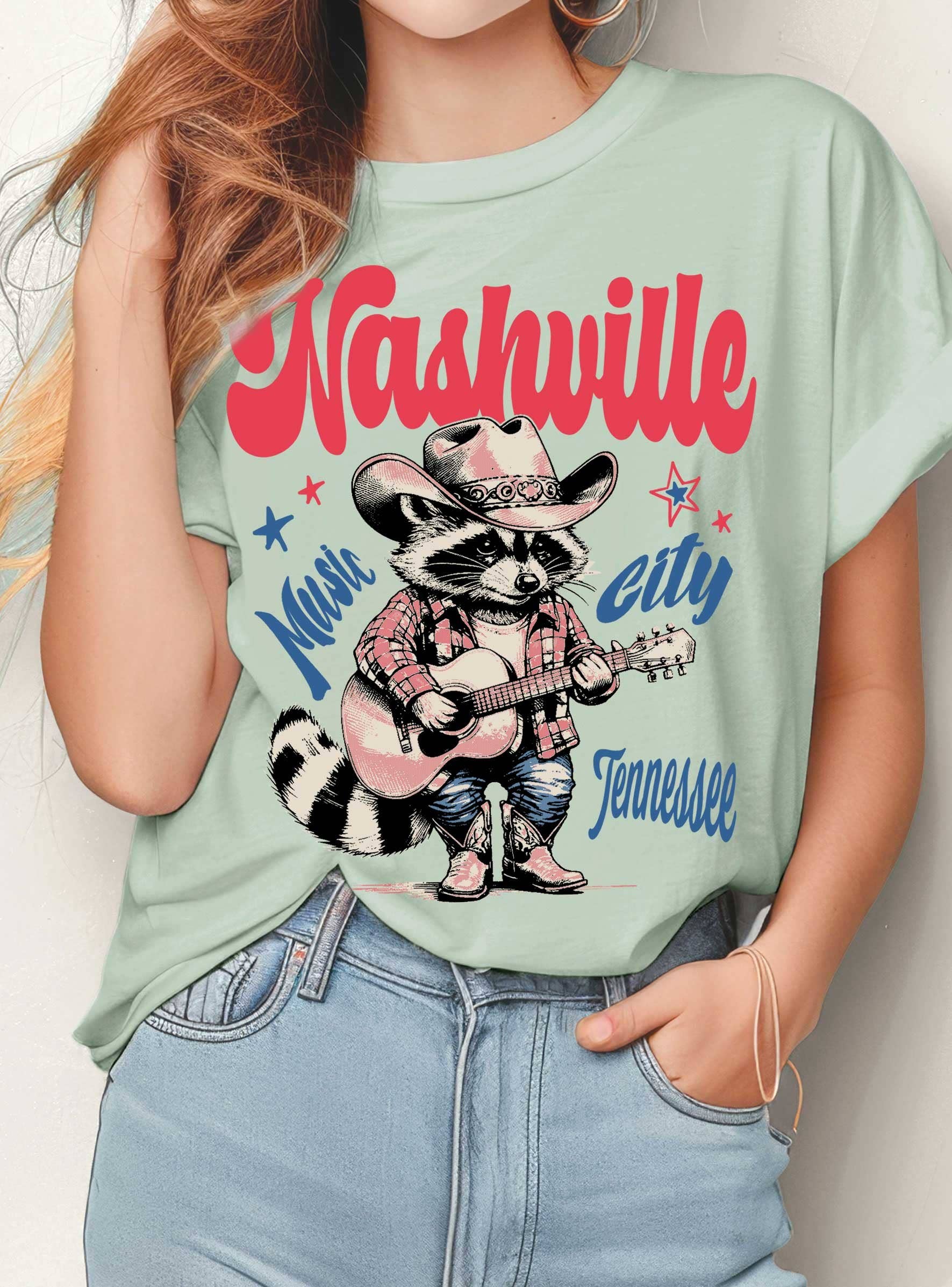 Rustee Clothing - Wholesale Screen Printed T-Shirt - Women's - NASHVILLE MUSIC CITY RACCOON GRAPHIC TSHIRT1