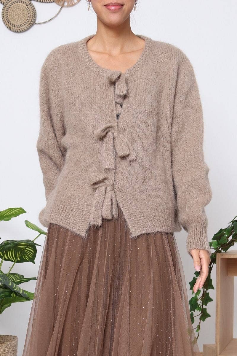 Orice – Cardigan - Mulher por atacado – Cardigã de tricô em lã mohair com laço - Orice19