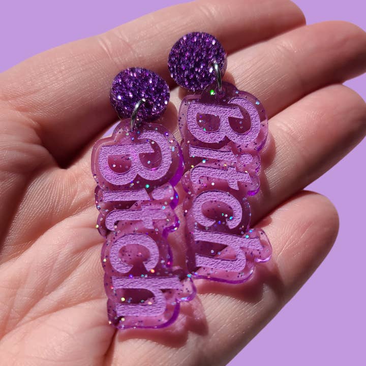 Bitch - Purple Jelly Glitter Earrings for wholesale by Mini Kitty Designs