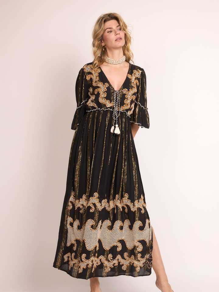 LUREX DRESS 100% VISCOSE, HAND EMBROIDERED, V-NECKLINE for wholesale by ANISA