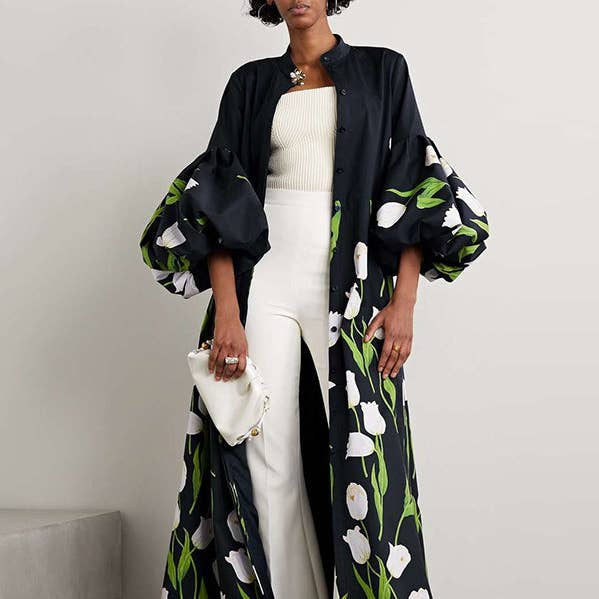 Cappotti Trench a Maniche Lunghe con Stampa Floreale Sciolti a Pieghe con Spacco e Colletto alla Coreana per la vendita all'ingrosso da parte di kycozy