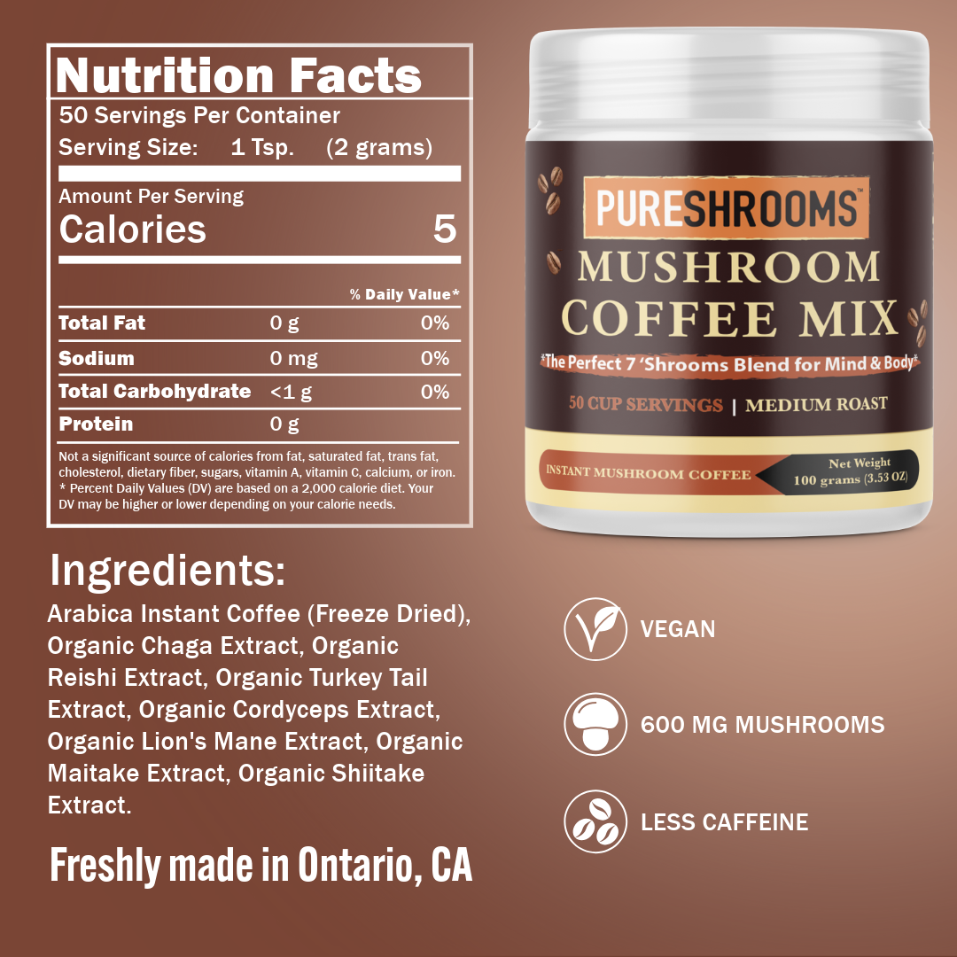 PureShrooms Inc. – Café/expresso instantâneo por atacado – Perfect 7 Mushroom Coffee 100 g | 50 porções1