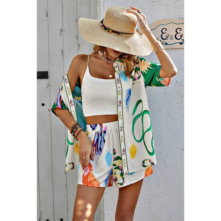 BEIGE GREEN Two Pieces Allover Print Elastic Waist Short Sets for wholesale on Faire