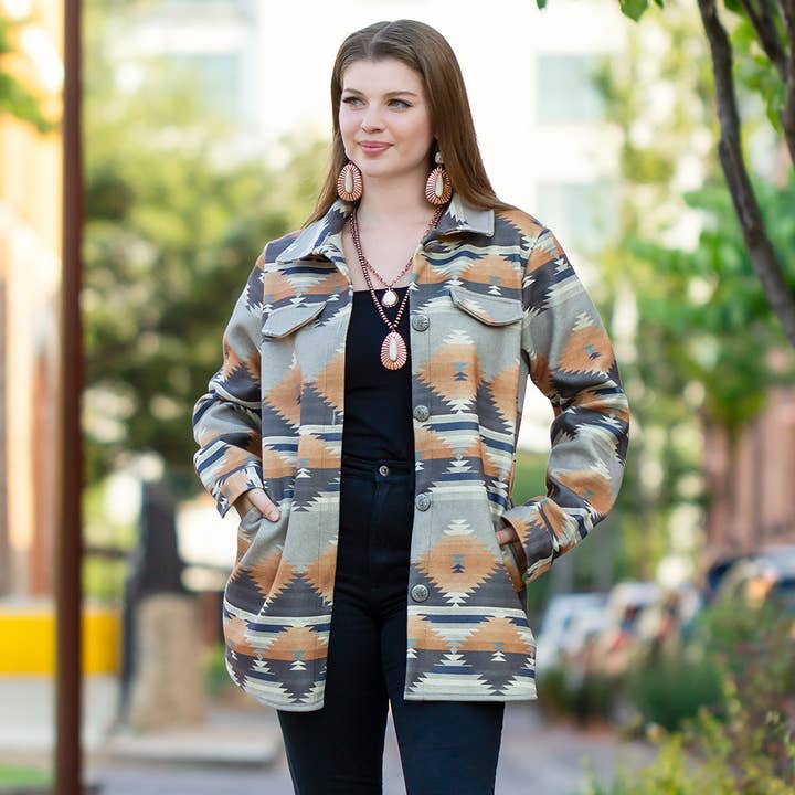 Brown Aztec Print Shacket with Pockets for wholesale on Faire0