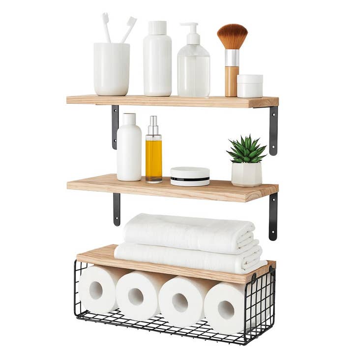 Set of 3 Rustic Wooden Bathroom Shelves with Wire Storage Basket for wholesale by Rinkit Ltd